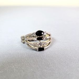 Rare Custom Made Black Beads & Crystal with Silver Setting Ring, One Size